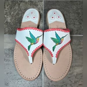 RARE JACK ROGERS EBROIDERED HUMMING BIRD LEATHER FLAT SANDALS.